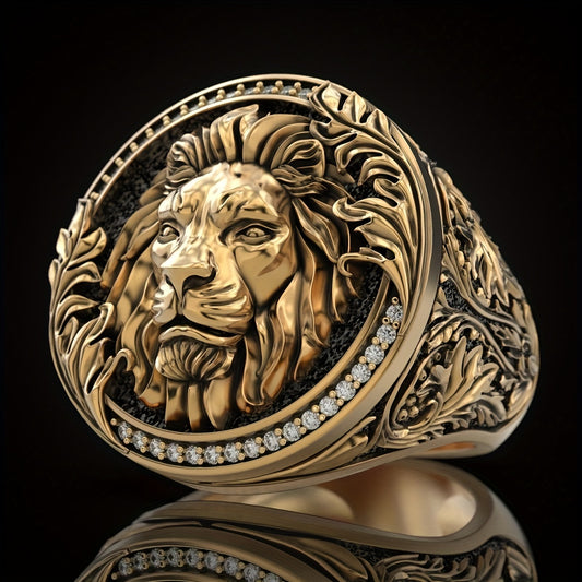 Vintage-Style Men's Ring with 18K Gold Plating – Lion Engraving Design