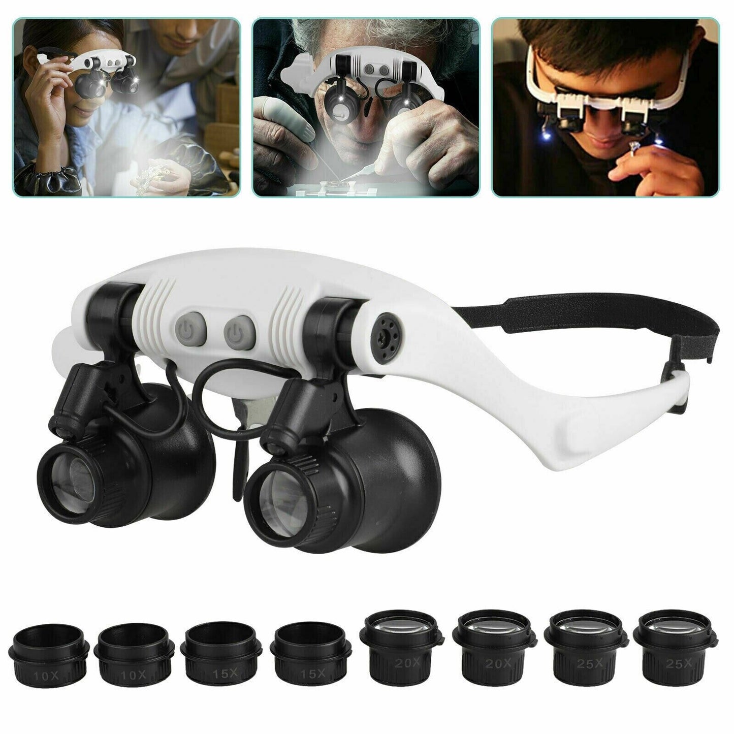 Headband Head Magnifier 8 Lens LED Light Jeweler Glasses