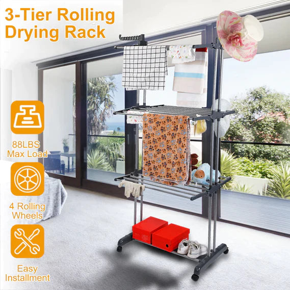 Foldable and Rolling Heavy Duty Clothes Drying Rack