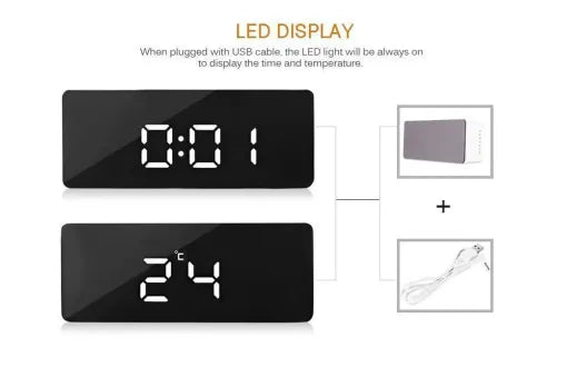 Digital Alarm Clock Smart Mirror Desktop Bedside Nightlight