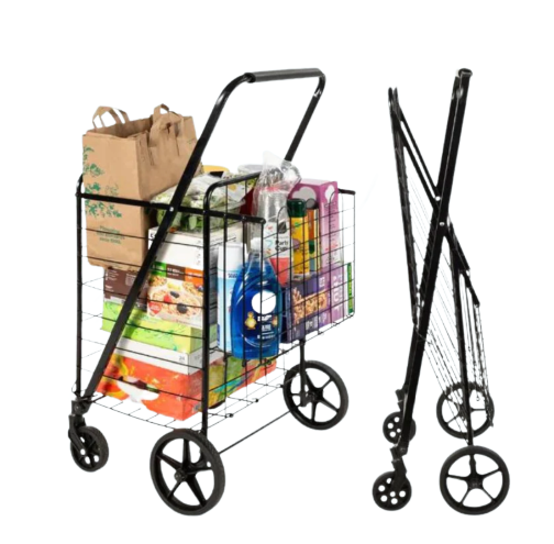 Folding Steel Grocery Cart w/ Double Basket, Swivel Wheels, 220lb Cap