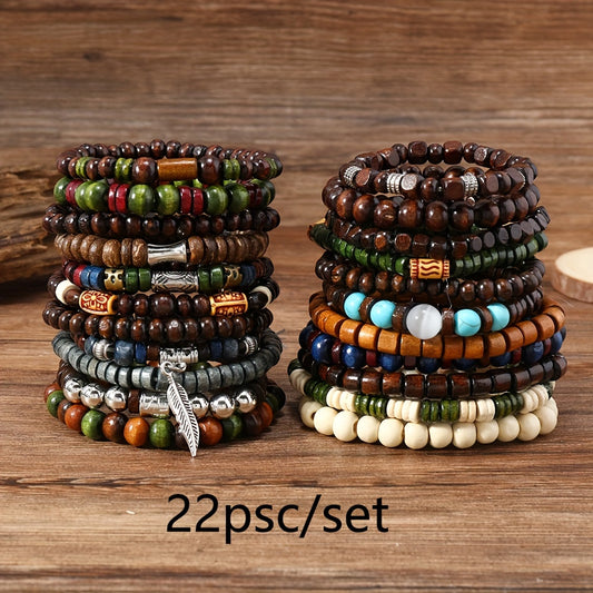 22-Piece Vintage Style Bohemian Wooden Beaded Bracelet Set