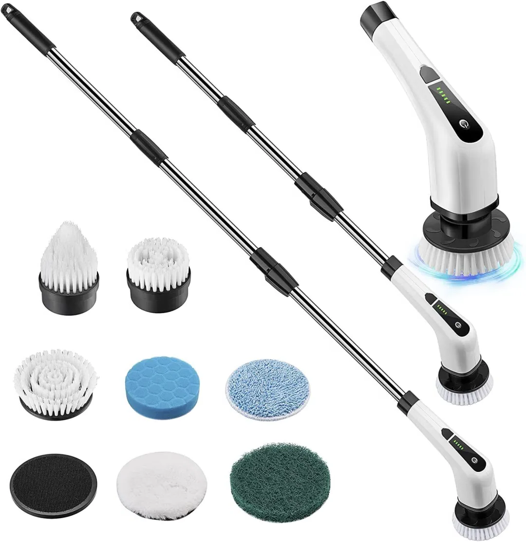 Electric Spin Power Scrubber Cordless Cleaning Brush Long Handle 7 Heads